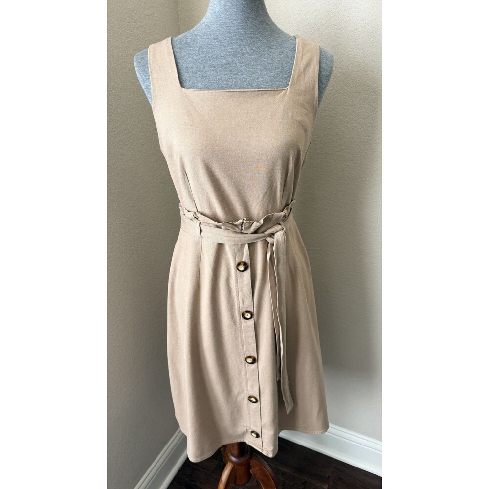 Monteau Los Angeles Size Large Beige Linen Blend Tie-Waist Sleeveless Dress